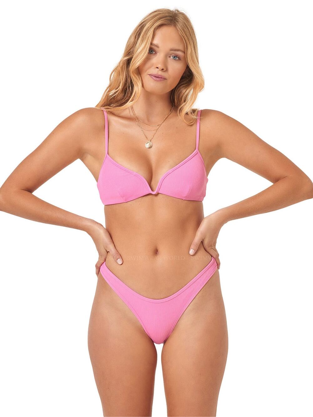 L*Space Helena Guava Pink V-Wire Triangle Bikini Swimsuit Top Size Large